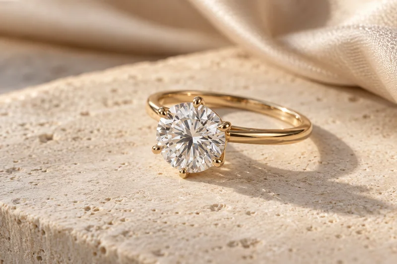 Editorial illustration of a round brilliant solitaire in warm gold on ivory stone
