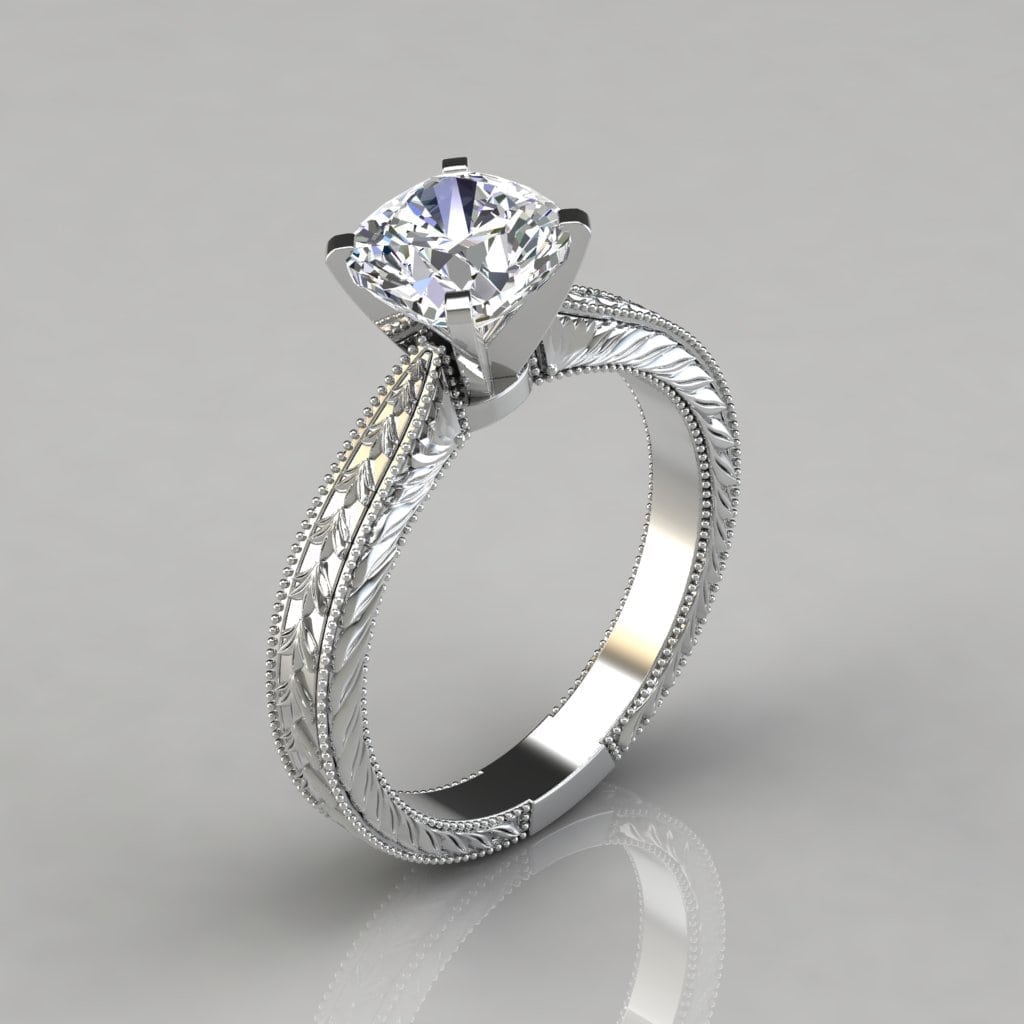 Hand Engraved Cushion Cut Solitaire Engagement Ring Forever