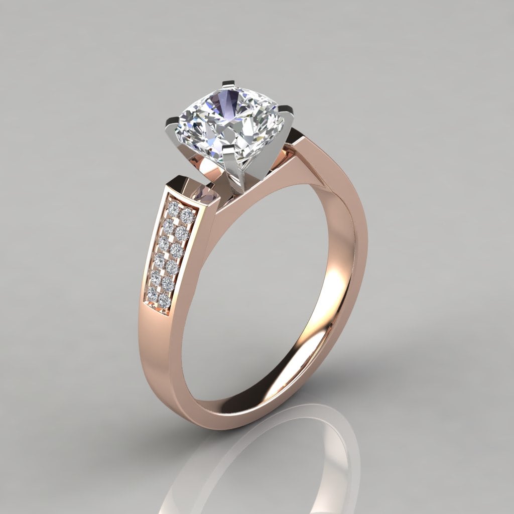 Flat Edged Cathedral Cushion Cut Engagement Ring Forever Moissanite