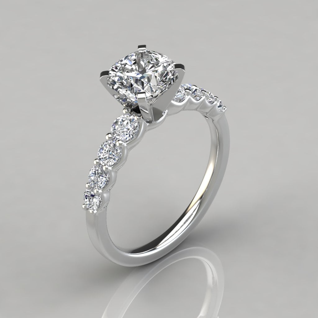 Graduated Side Stone Cushion Cut Engagement Ring Forever Moissanite