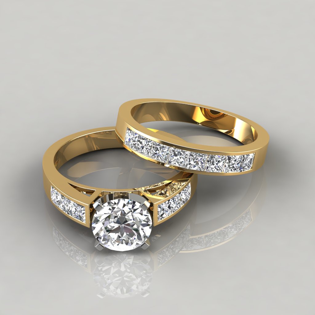 Round Cut Channel Set Engagement Ring and Wedding Band